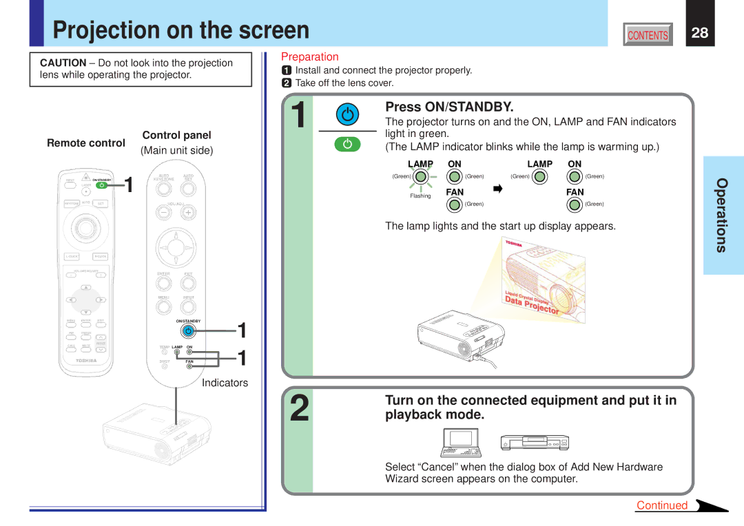 Toshiba TLPX10E Projection on the screen, Press ON/STANDBY, Turn on the connected equipment and put it, Playback mode 