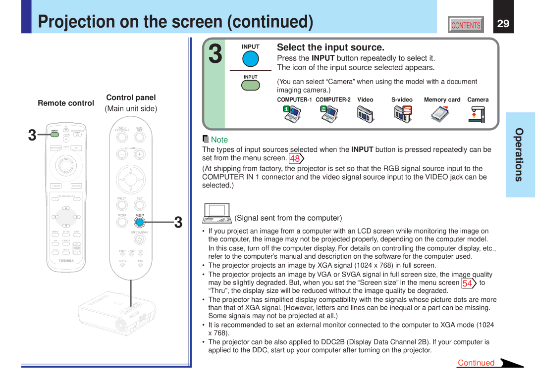 Toshiba TLPX10E owner manual Select the input source, Signal sent from the computer 