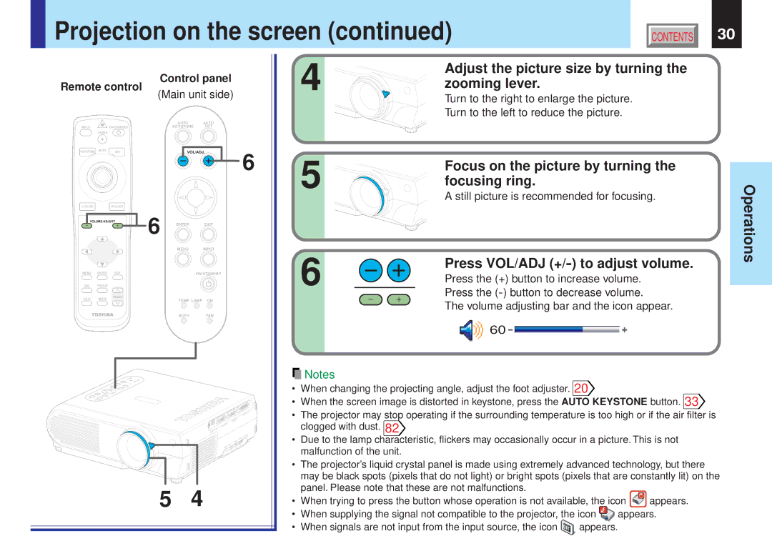 Toshiba TLPX10E Adjust the picture size by turning, Zooming lever, Focus on the picture by turning, Focusing ring 