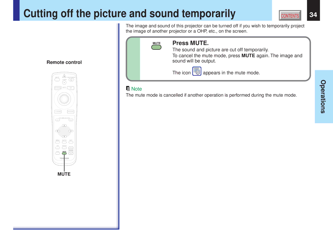 Toshiba TLPX10E owner manual Cutting off the picture and sound temporarily, Press Mute, Operations, Remote control 