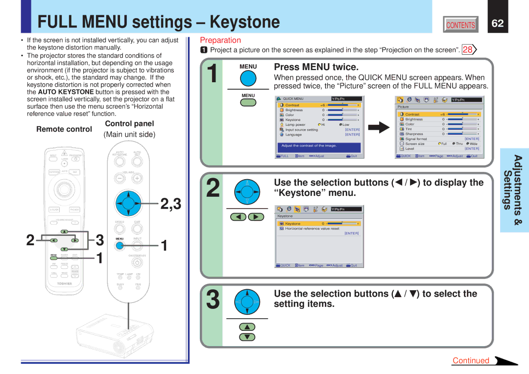 Toshiba TLPX10E owner manual Full Menu settings Keystone, Use the selection buttons To display Keystone menu 