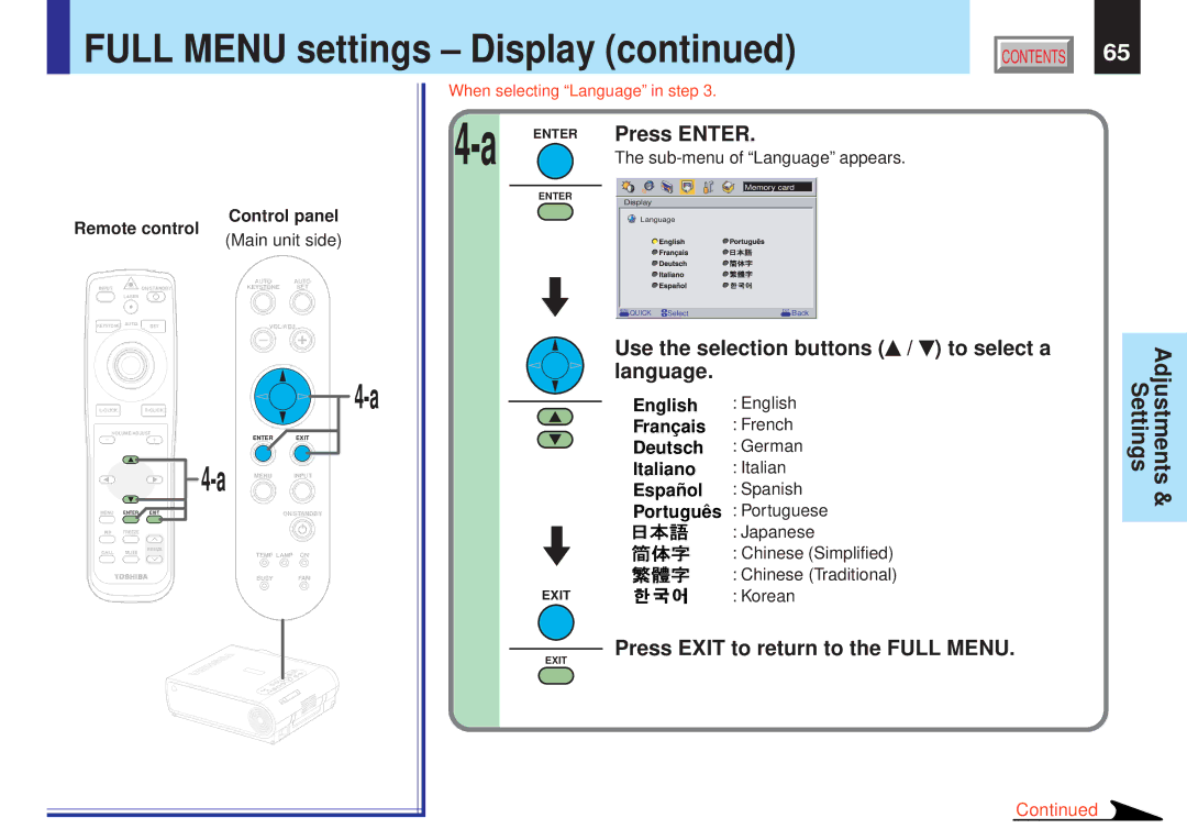 Toshiba TLPX10E owner manual When selecting Language in step 