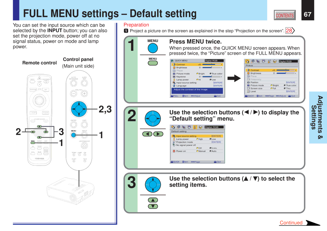 Toshiba TLPX10E owner manual Full Menu settings Default setting, Use the selection buttons To display Default setting menu 