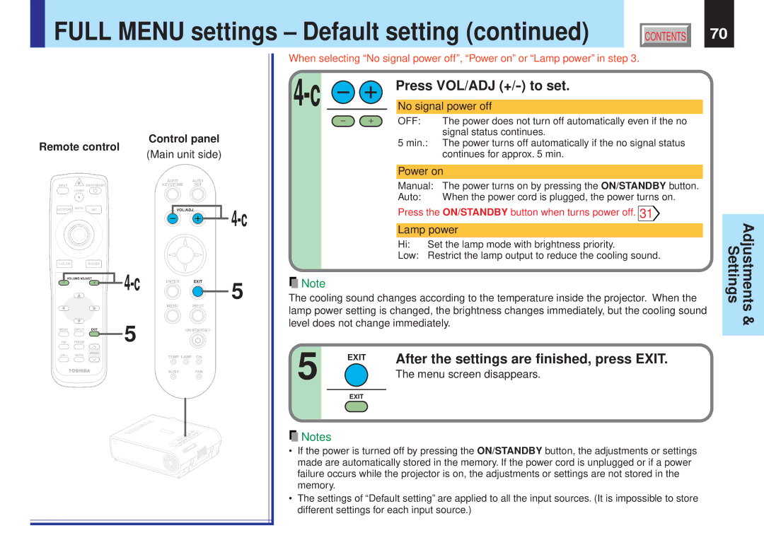 Toshiba TLPX10E owner manual Press VOL/ADJ +/ to set, No signal power off, Power on 