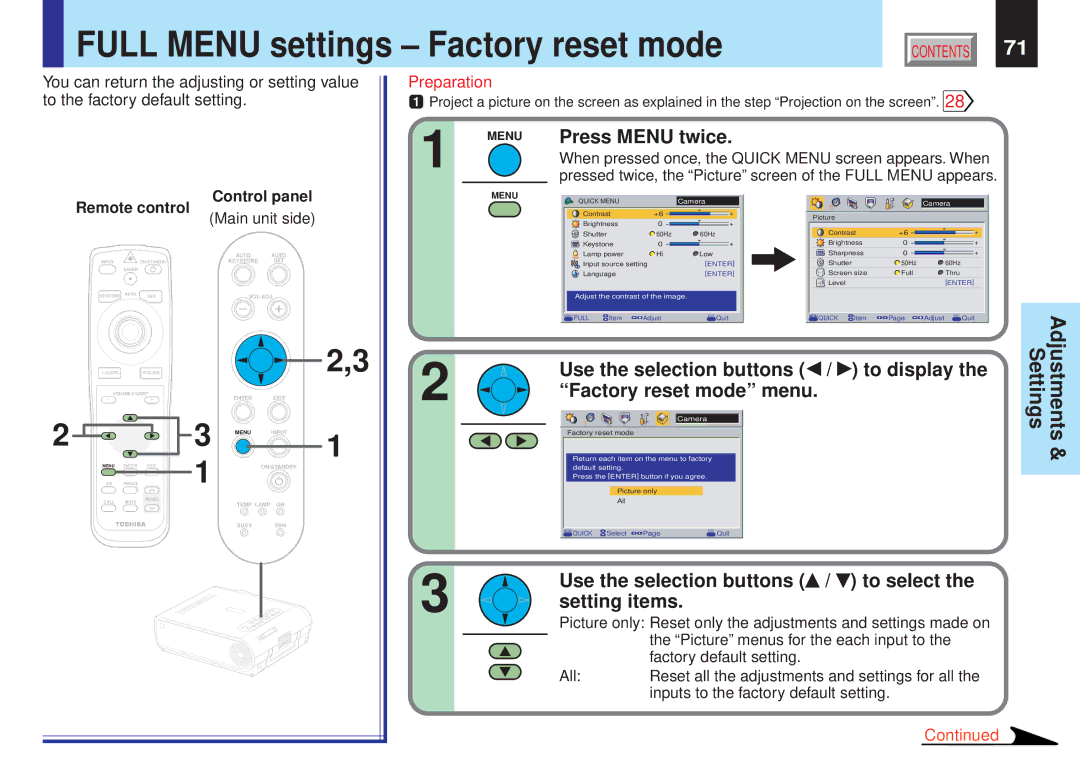 Toshiba TLPX10E Full Menu settings Factory reset mode, Picture menus for the each input to, Factory default setting 