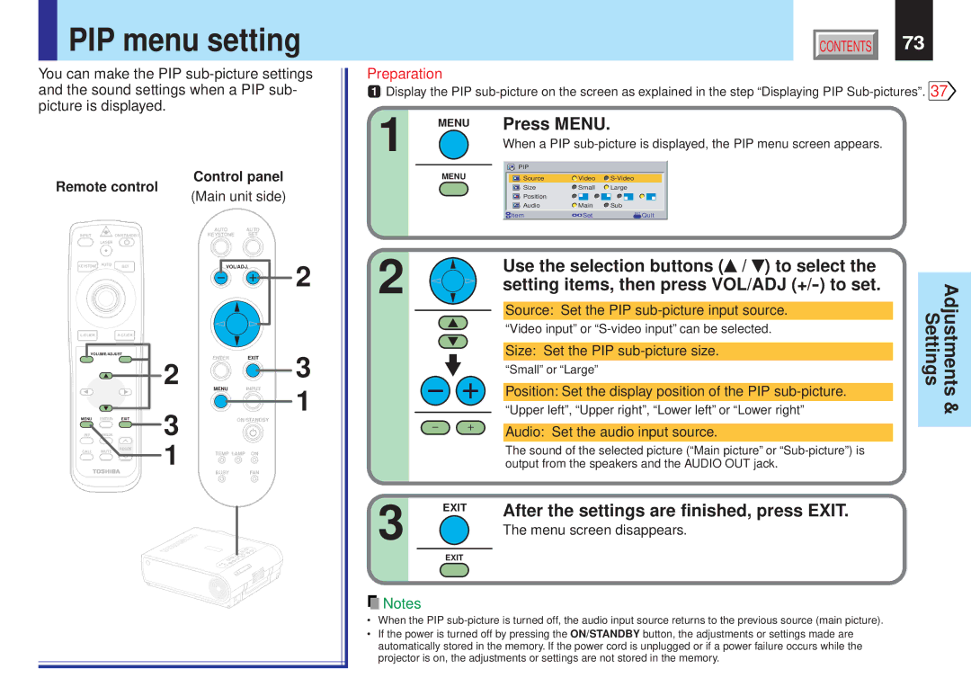 Toshiba TLPX10E owner manual PIP menu setting, Size Set the PIP sub-picture size, Audio Set the audio input source 