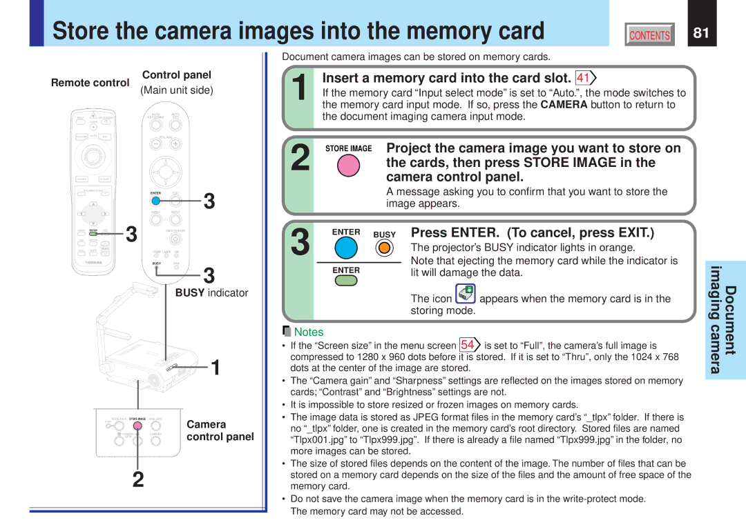 Toshiba TLPX10E owner manual Store the camera images into the memory card 