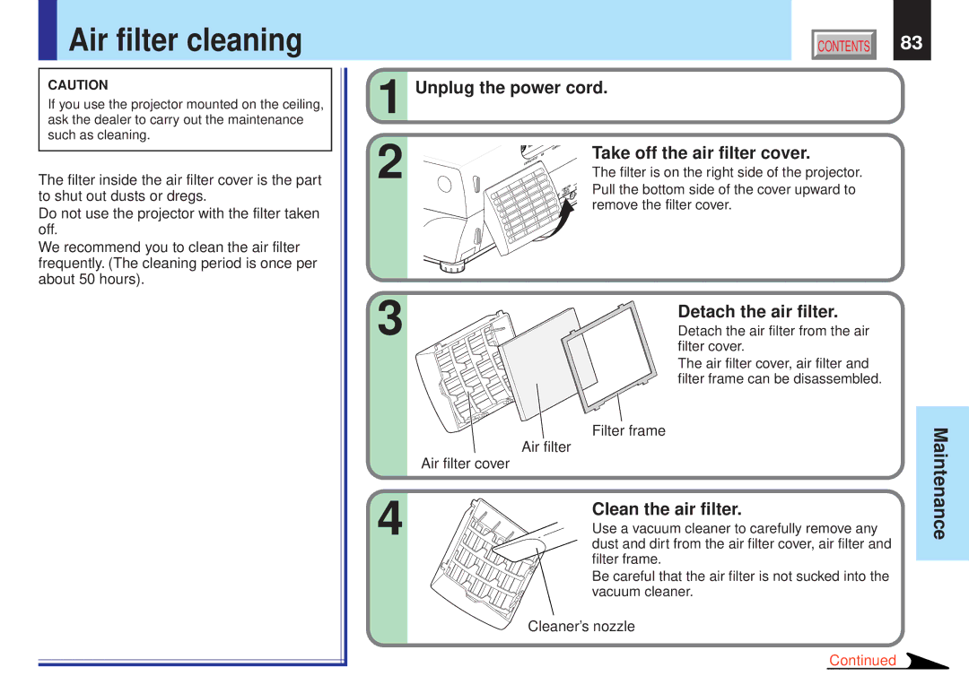 Toshiba TLPX10E Air filter cleaning, Unplug the power cord, Take off the air filter cover, Detach the air filter 