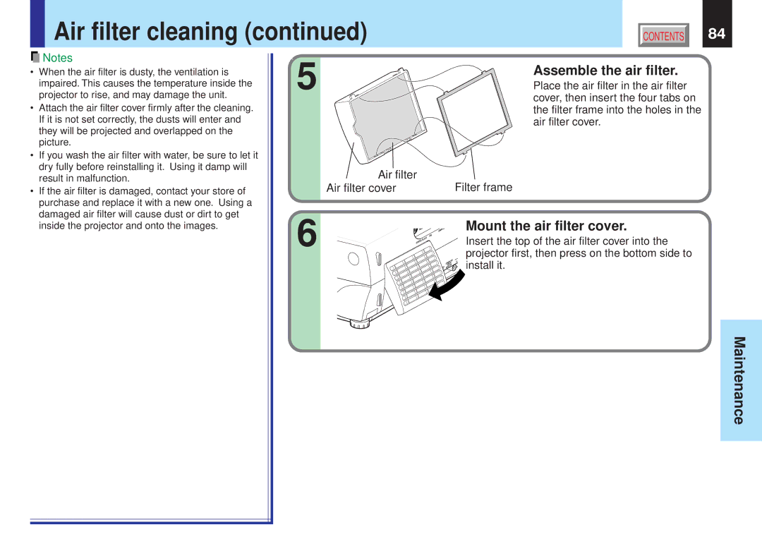 Toshiba TLPX10E owner manual Air filter cleaning, Assemble the air filter, Mount the air filter cover, Install it 