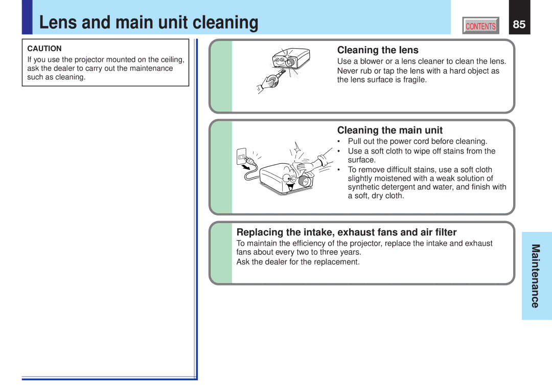 Toshiba TLPX10E owner manual Lens and main unit cleaning, Cleaning the lens, Cleaning the main unit 