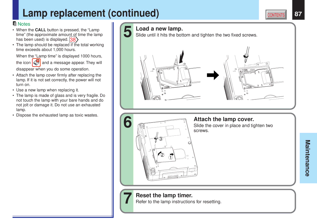 Toshiba TLPX10E owner manual Load a new lamp, Attach the lamp cover, Reset the lamp timer 