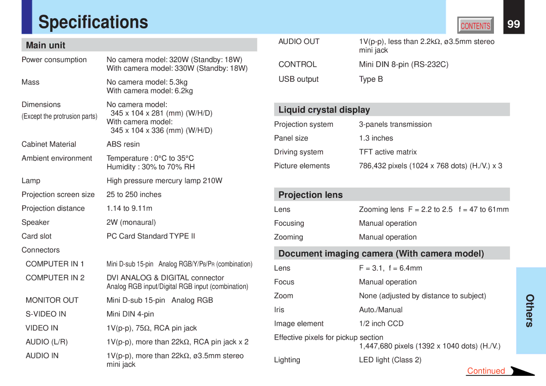 Toshiba TLPX10E owner manual Specifications, Mini DIN 8-pin RS-232C, USB output Type B 