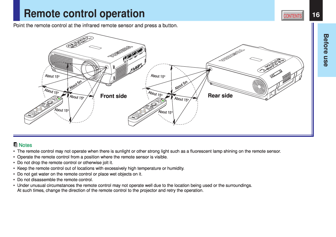 Toshiba TLPX10E owner manual Remote control operation, Before, Front side, Rear side, About 