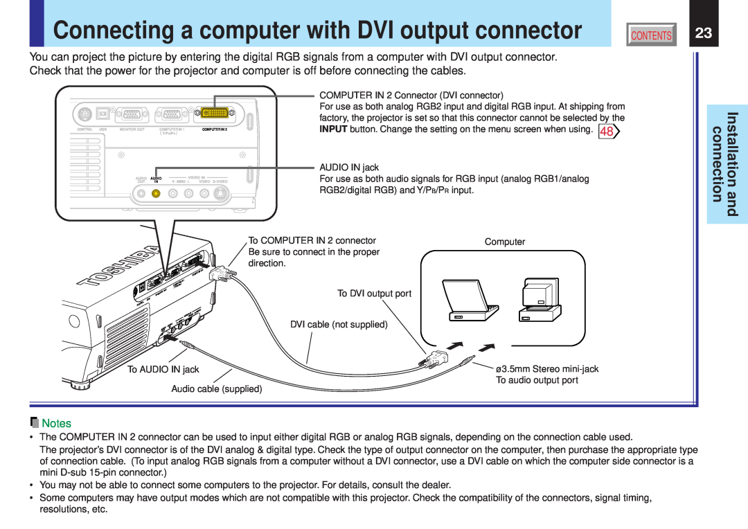 Toshiba TLPX10E owner manual Connecting a computer with DVI output connector, Installation and connection 