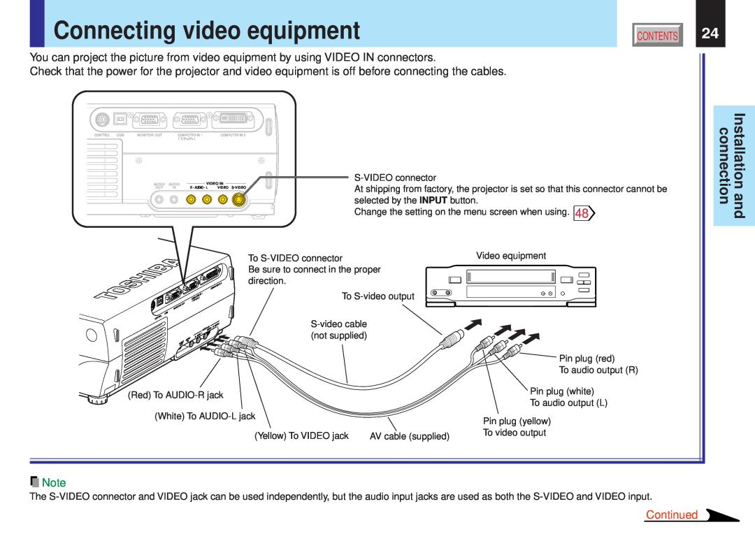 Toshiba TLPX10E owner manual Connecting video equipment, Installation and connection, Continued 