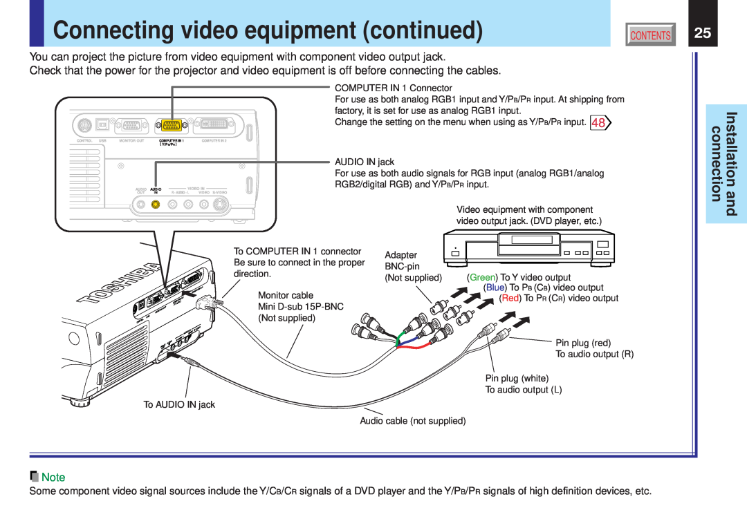 Toshiba TLPX10E owner manual Connecting video equipment continued, Installation and connection, To audio output R 
