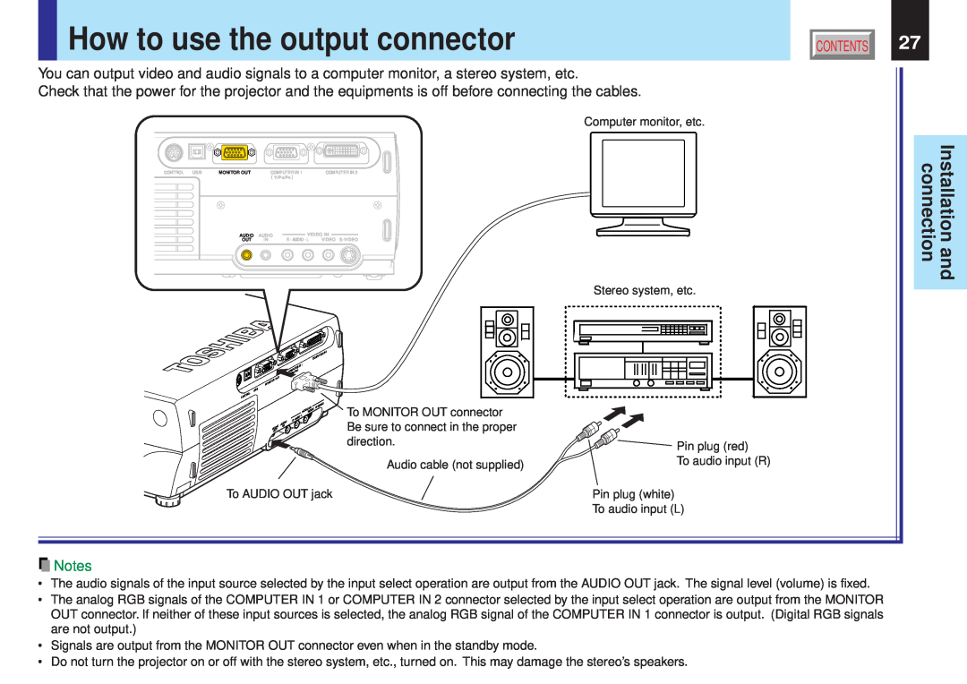 Toshiba TLPX10E How to use the output connector, Installation and connection, Computer monitor, etc, To AUDIO OUT jack 