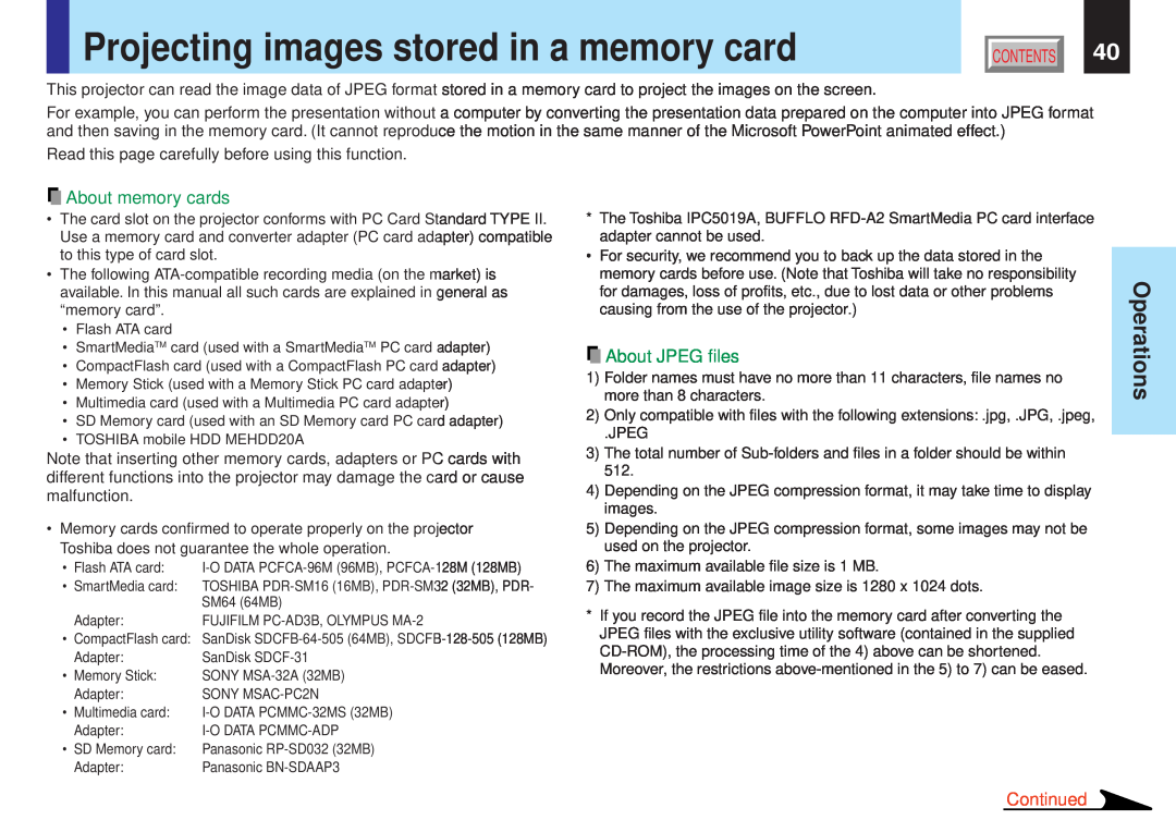 Toshiba TLPX10E Projecting images stored in a memory card, Operations, About memory cards, About JPEG files, Continued 