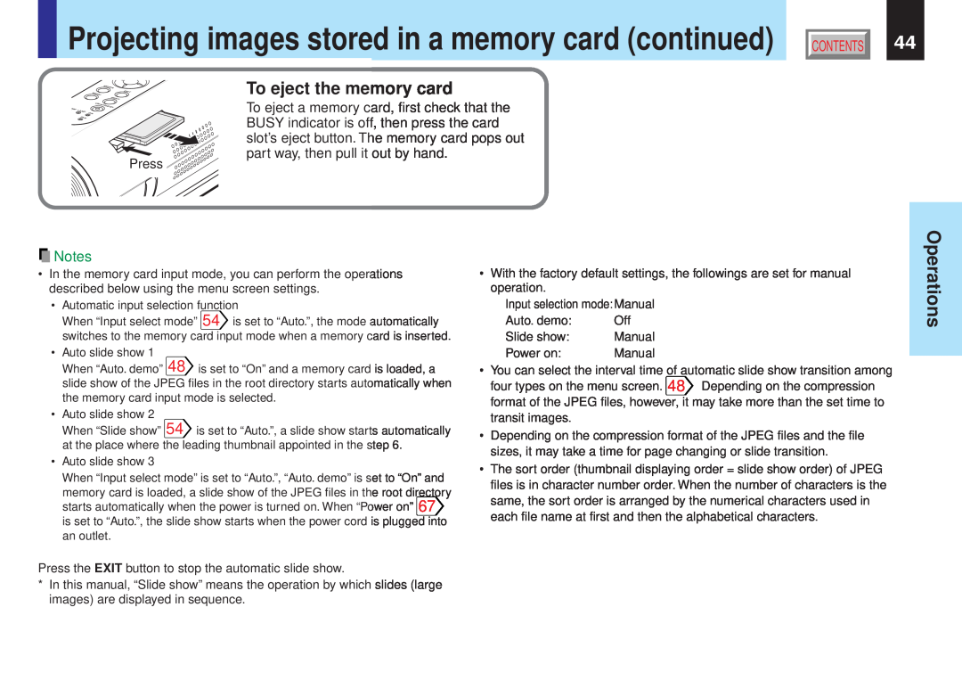 Toshiba TLPX10E owner manual Projecting images stored in a memory card continued, To eject the memory card, Operations 