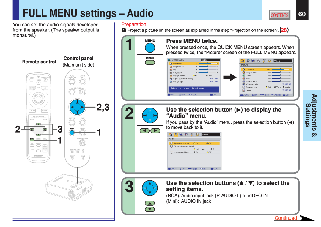 Toshiba TLPX10E FULL MENU settings - Audio, Use the selection button to display the, “Audio” menu, setting items, Settings 