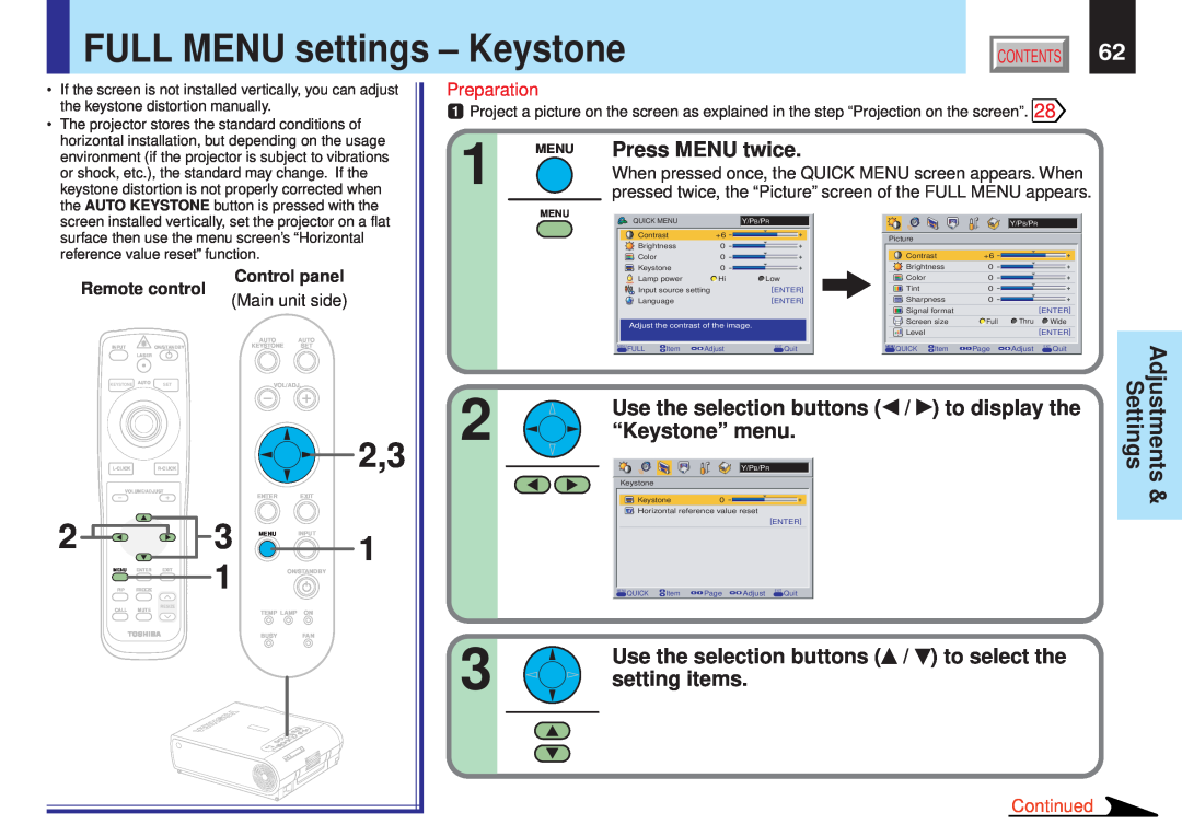 Toshiba TLPX10E FULL MENU settings - Keystone, to display the, “Keystone” menu, Settings, Press MENU twice, to select the 