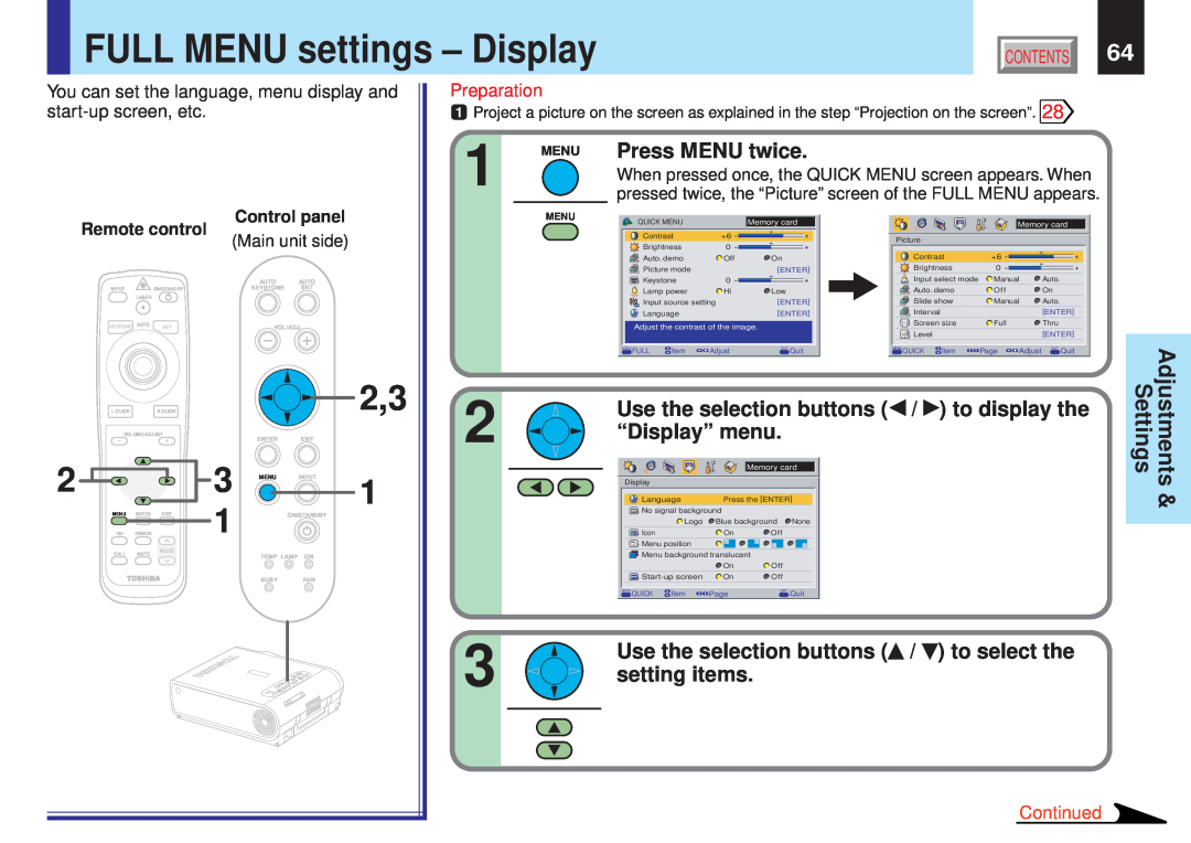 Toshiba TLPX10E FULL MENU settings - Display, “Display” menu, Press MENU twice, Use the selection buttons, to display the 