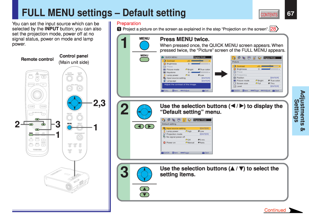 Toshiba TLPX10E FULL MENU settings - Default setting, “Default setting” menu, Press MENU twice, Use the selection buttons 