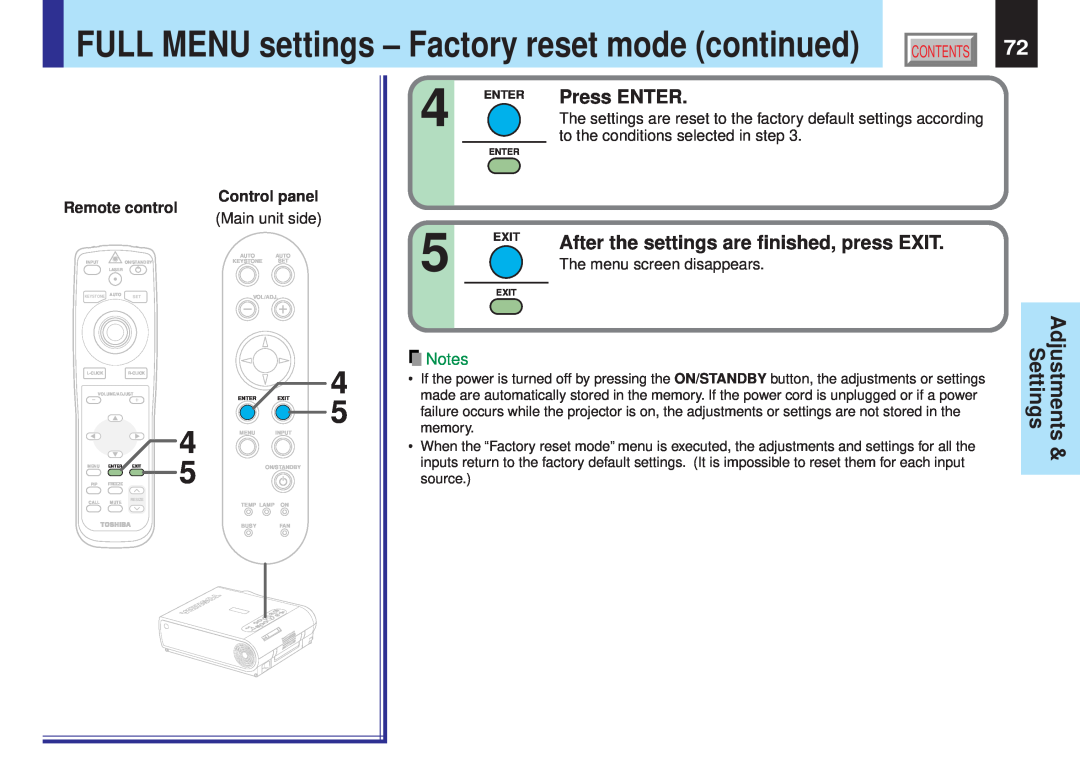 Toshiba TLPX10E FULL MENU settings - Factory reset mode continued, Press ENTER, Settings, Remote control, Control panel 