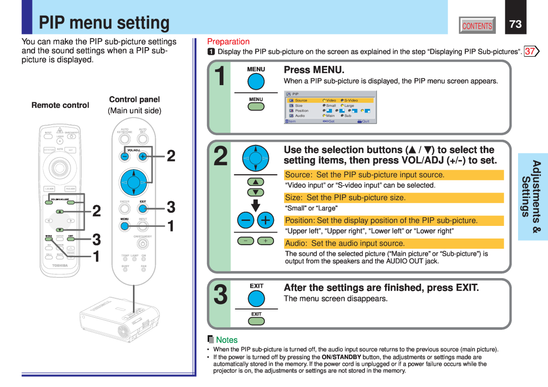 Toshiba TLPX10E owner manual PIP menu setting, setting items, then press VOL/ADJ +/- to set, Press MENU, Preparation, Menu 