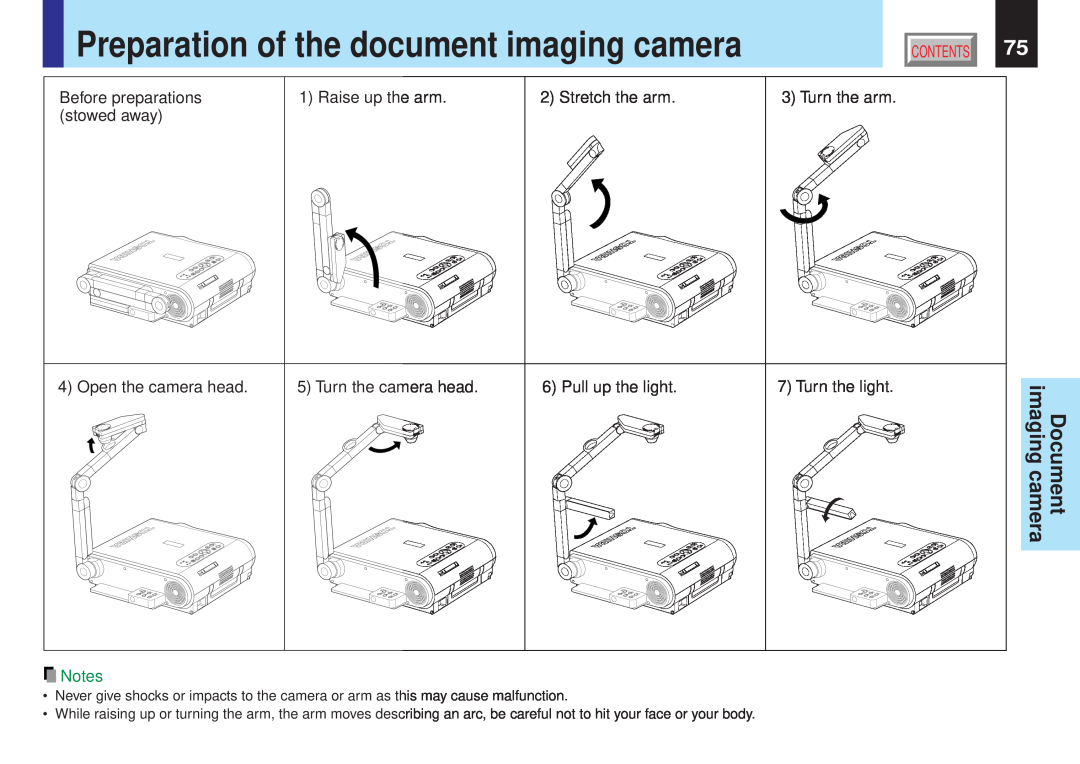 Toshiba TLPX10E Preparation of the document imaging camera, Before preparations, Raise up the arm, Stretch the arm 