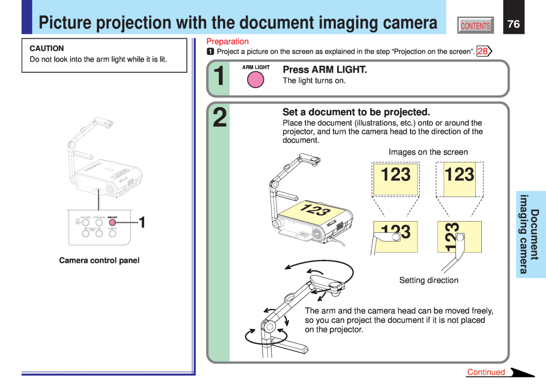 Toshiba TLPX10E Picture projection with the document imaging camera, Press ARM LIGHT, Set a document to be projected 