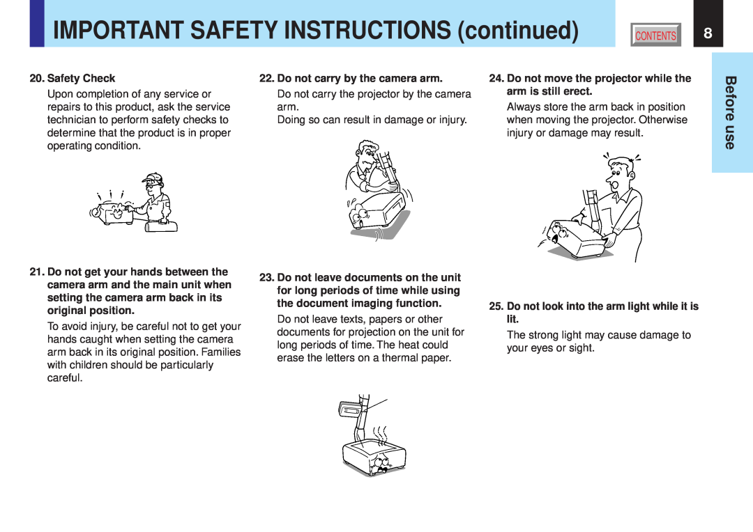 Toshiba TLPX10E IMPORTANT SAFETY INSTRUCTIONS continued, Before use, Safety Check, Do not carry by the camera arm 