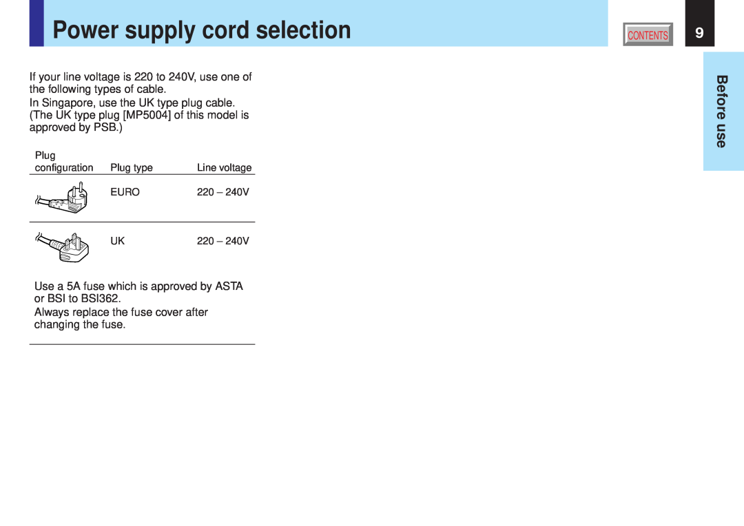 Toshiba TLPX10E Power supply cord selection, Use a 5A fuse which is approved by ASTA or BSI to BSI362, Before use 