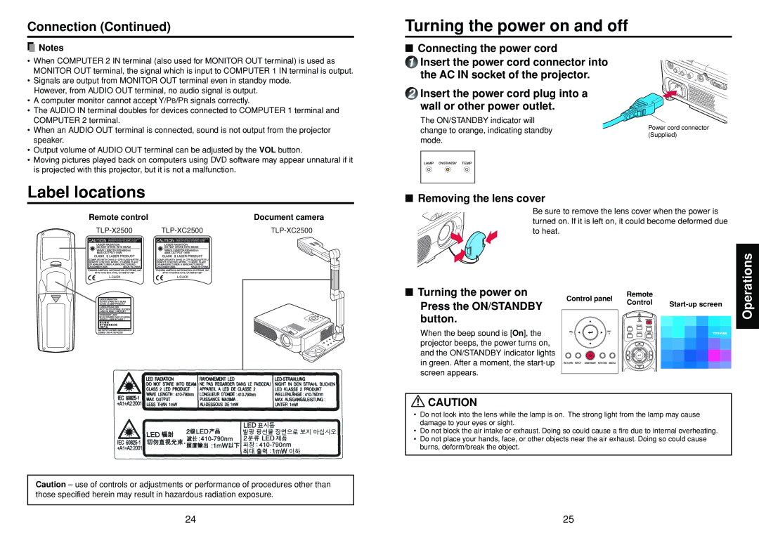 Toshiba X2500, TLPXC2500 owner manual Turning the power on and off, Label locations, Connection 