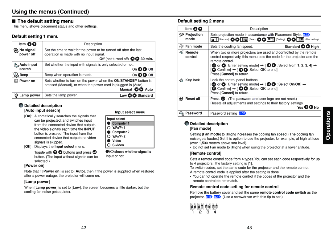 Toshiba TLPXC2500, X2500 owner manual Default setting menu, Default setting 1 menu, Default setting 2 menu 