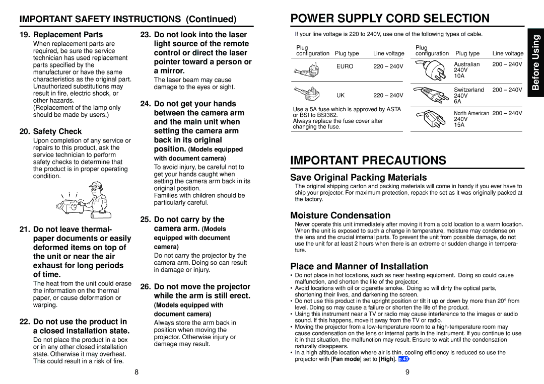 Toshiba X2500 Power Supply Cord Selection, Important Precautions, Save Original Packing Materials, Moisture Condensation 