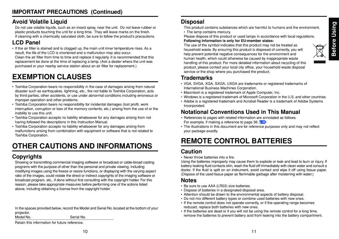 Toshiba TLPXC2500, X2500 owner manual Exemption Clauses, Other Cautions and Informations, Remote Control Batteries 