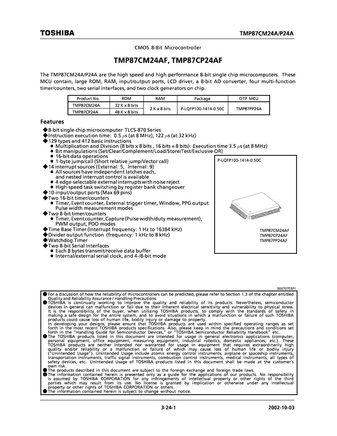 Toshiba TMP87CM24AF, TMP87CP24AF manual 