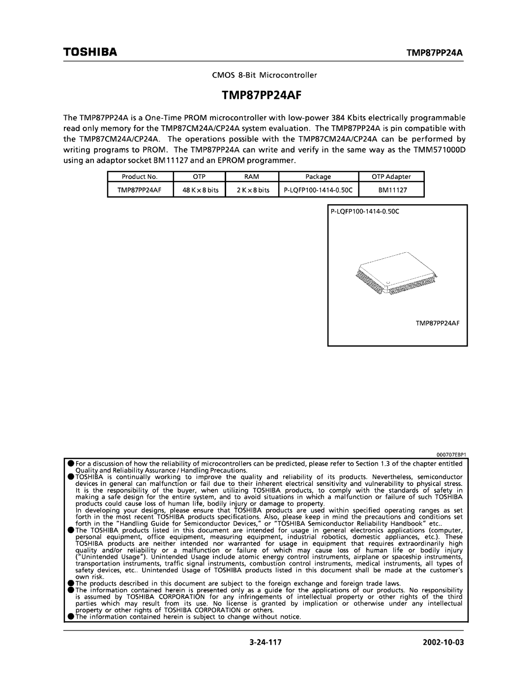 Toshiba TMP87CM24AF, TMP87CP24AF manual 