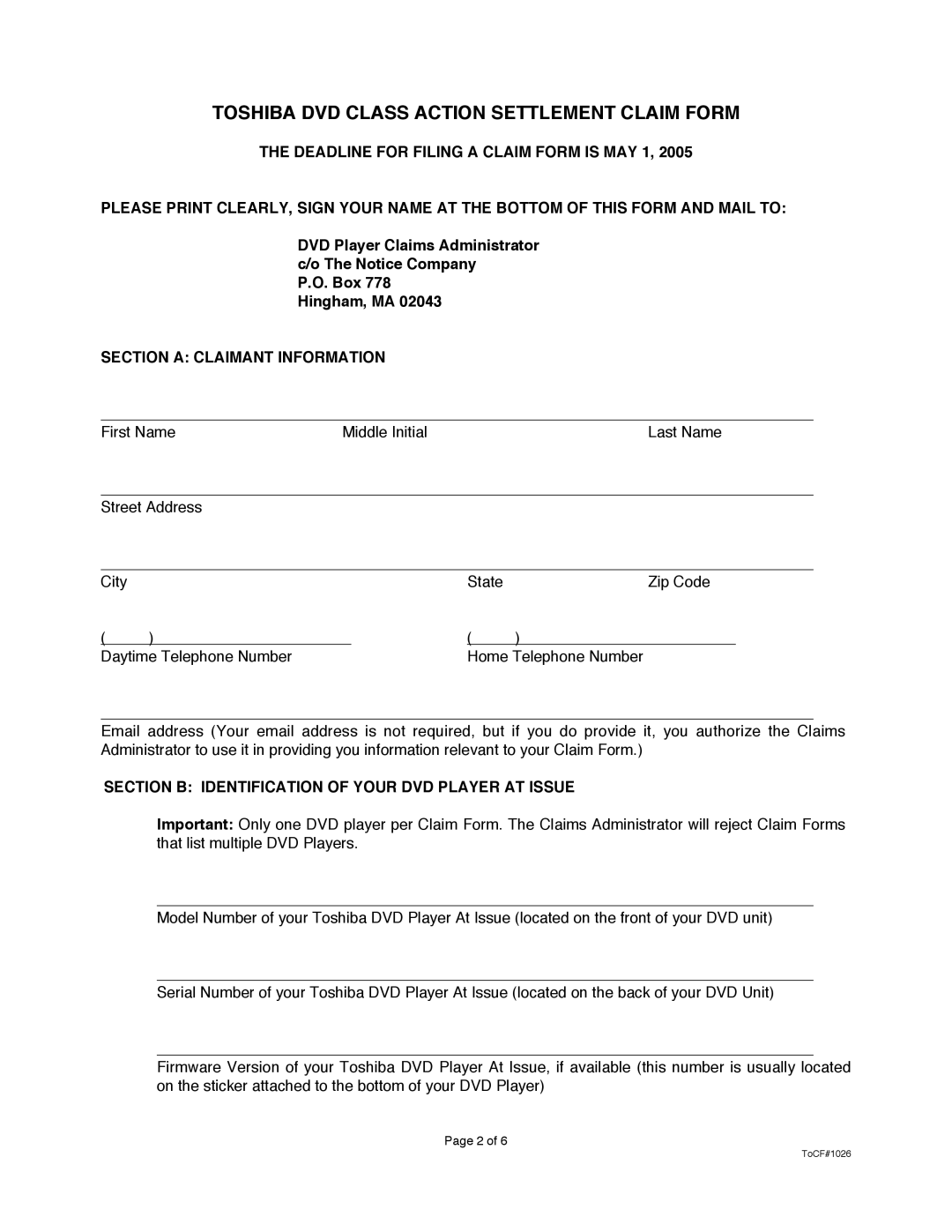 Toshiba TOCF#1026 manual Toshiba DVD Class Action Settlement Claim Form, Section a Claimant Information 