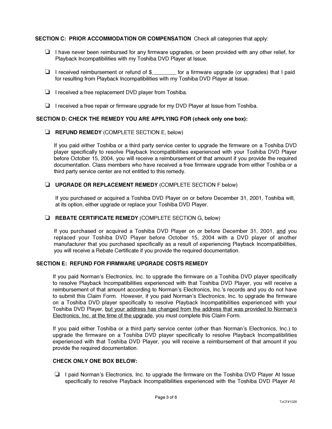 Toshiba TOCF#1026 manual Section E Refund for Firmware Upgrade Costs Remedy, Check only ONE BOX below 