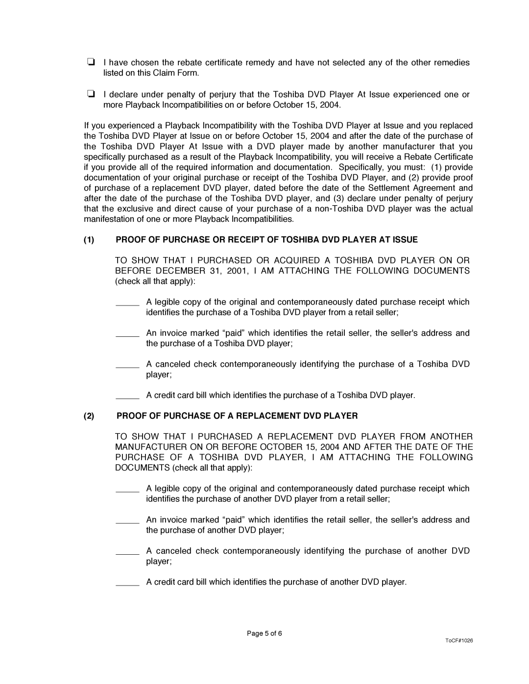 Toshiba TOCF#1026 manual Proof of Purchase or Receipt of Toshiba DVD Player AT Issue 