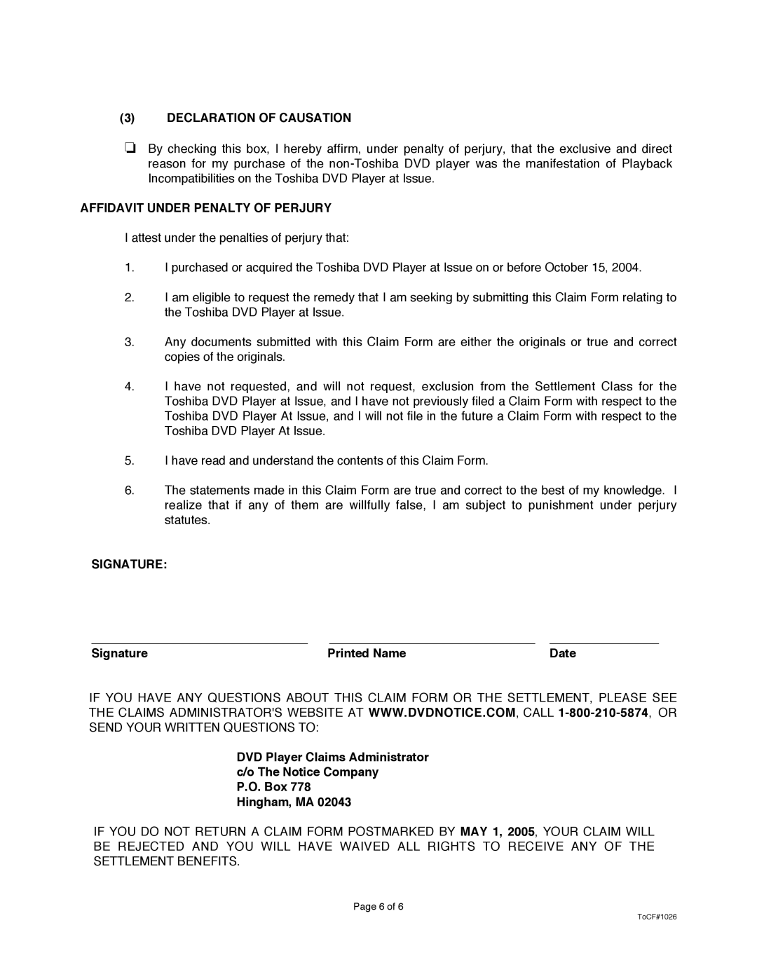 Toshiba TOCF#1026 manual Declaration of Causation, Affidavit Under Penalty of Perjury, Signature 