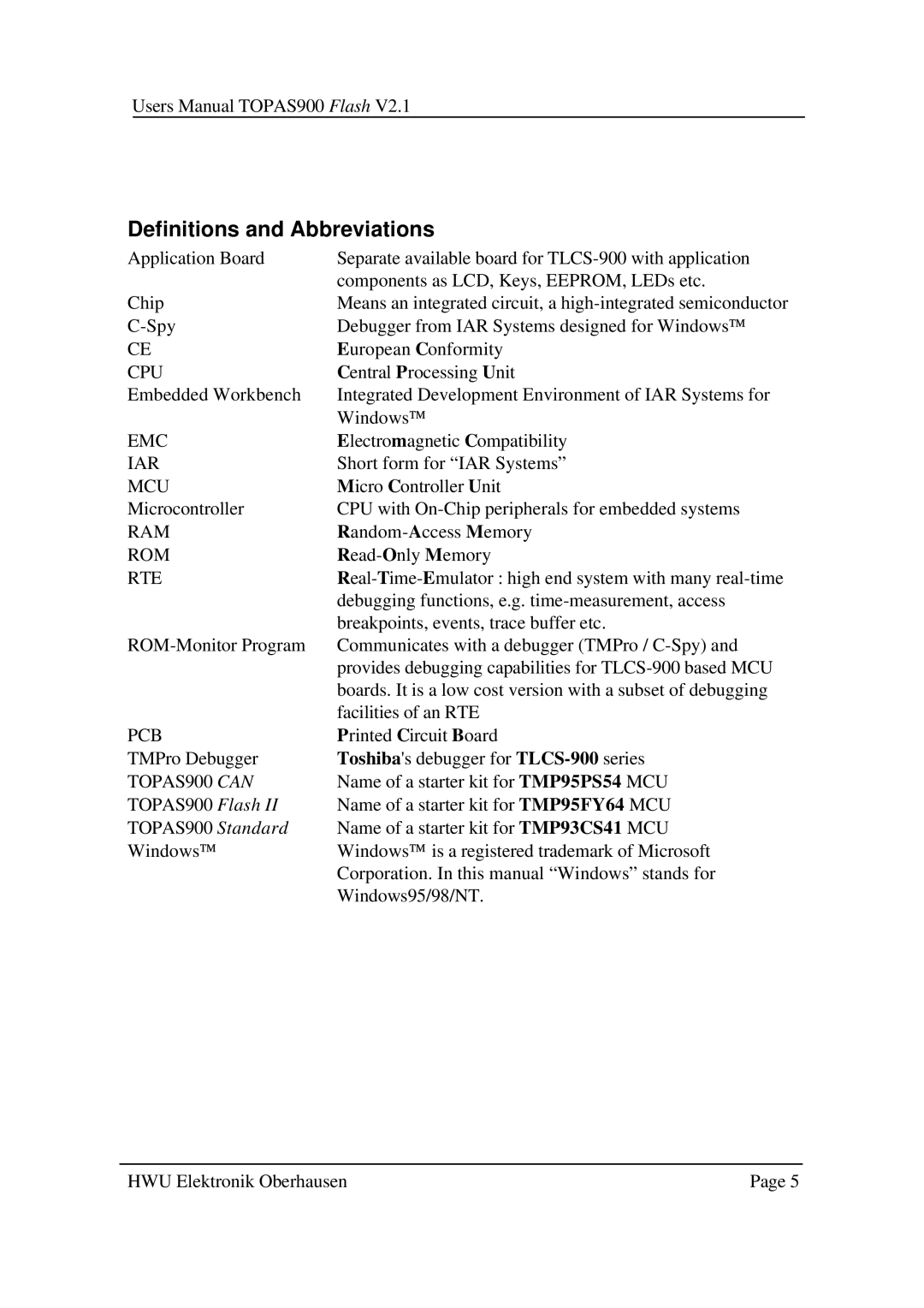 Toshiba TOPAS900 user manual Definitions and Abbreviations, Cpu 