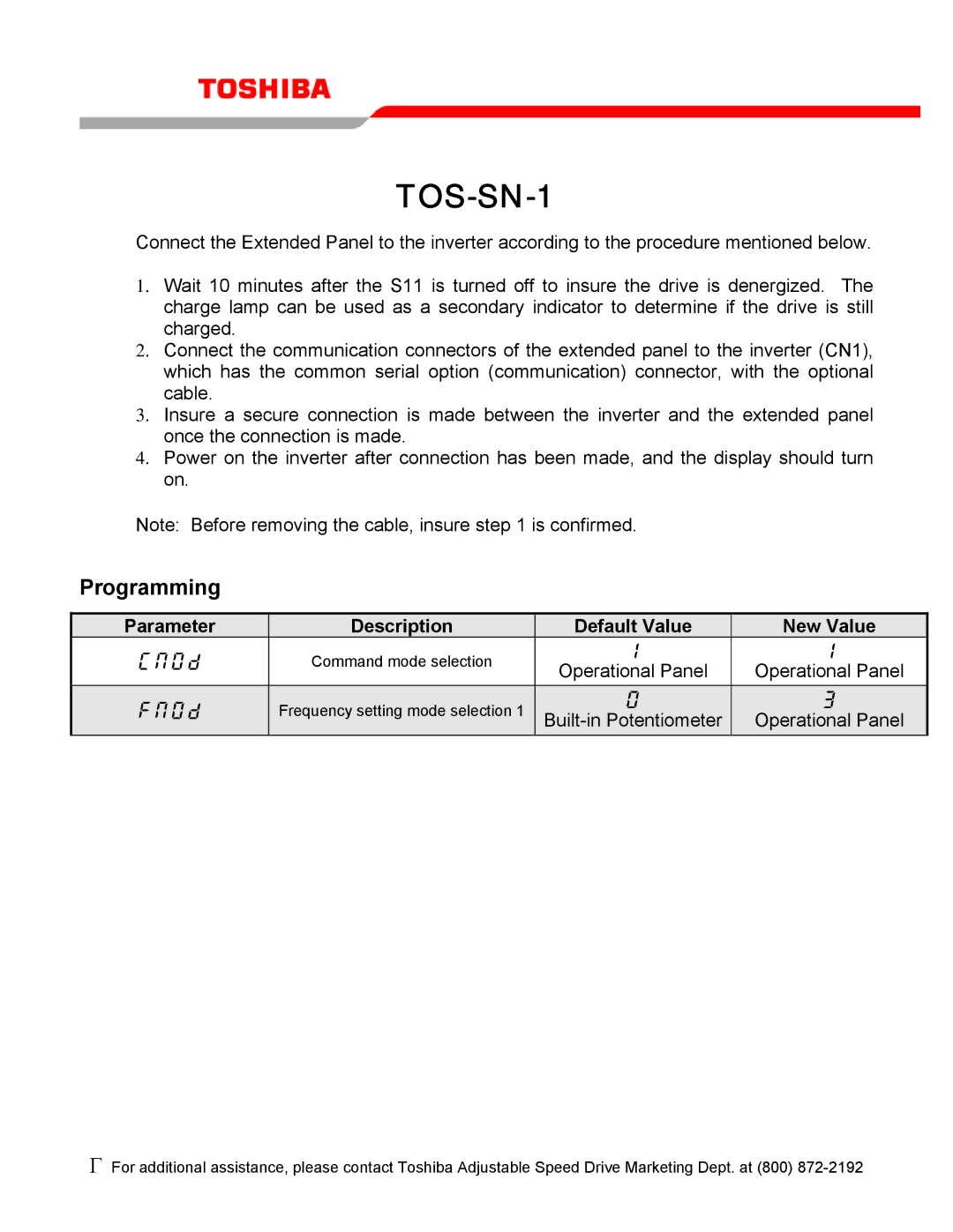 Toshiba TOS-SN-1 operation manual Programming, Parameter Description Default Value New Value 