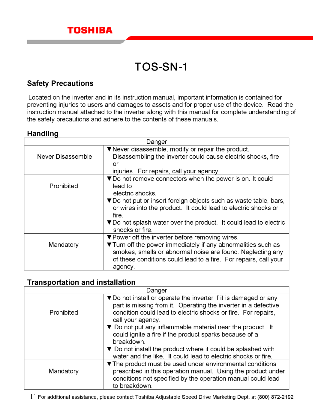 Toshiba TOS-SN-1 operation manual Safety Precautions Handling, Transportation and installation 