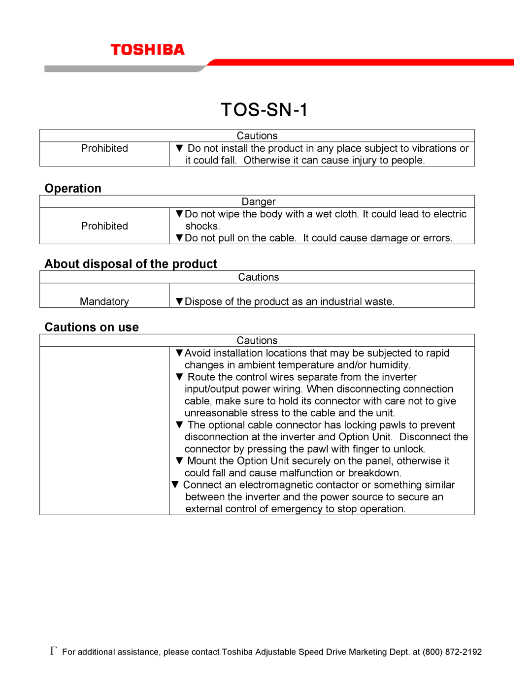 Toshiba TOS-SN-1 operation manual Operation, About disposal of the product 