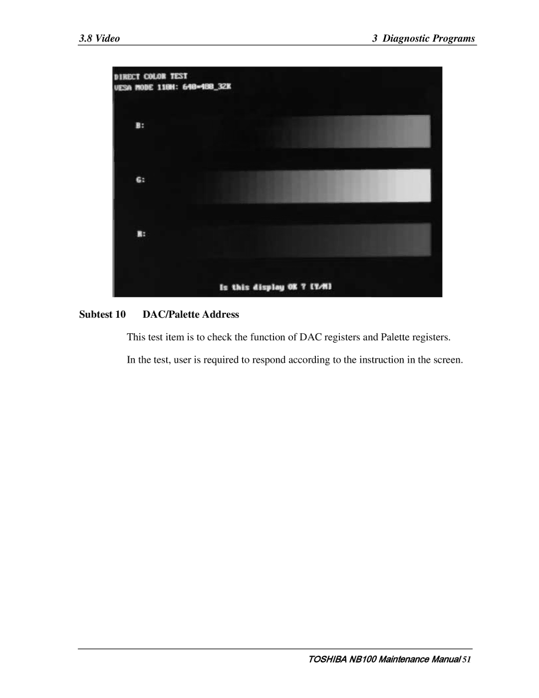 Toshiba TOSHIBA NB100 manual Subtest 10 DAC/Palette Address 