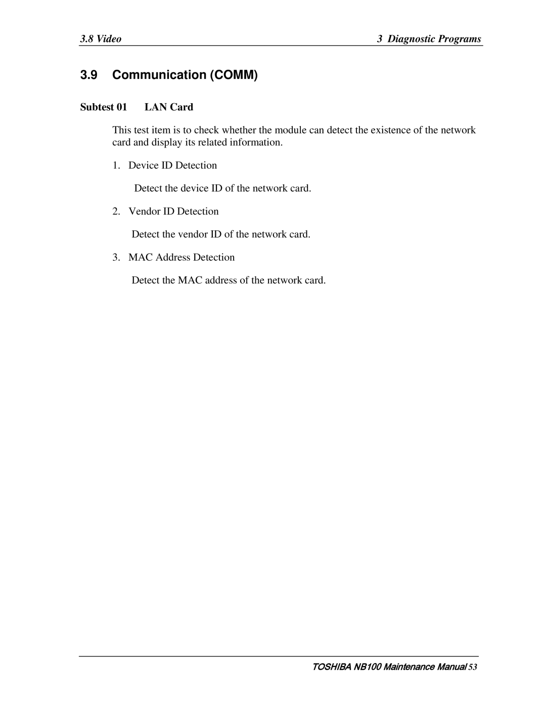 Toshiba TOSHIBA NB100 manual Communication Comm, Subtest 01 LAN Card 