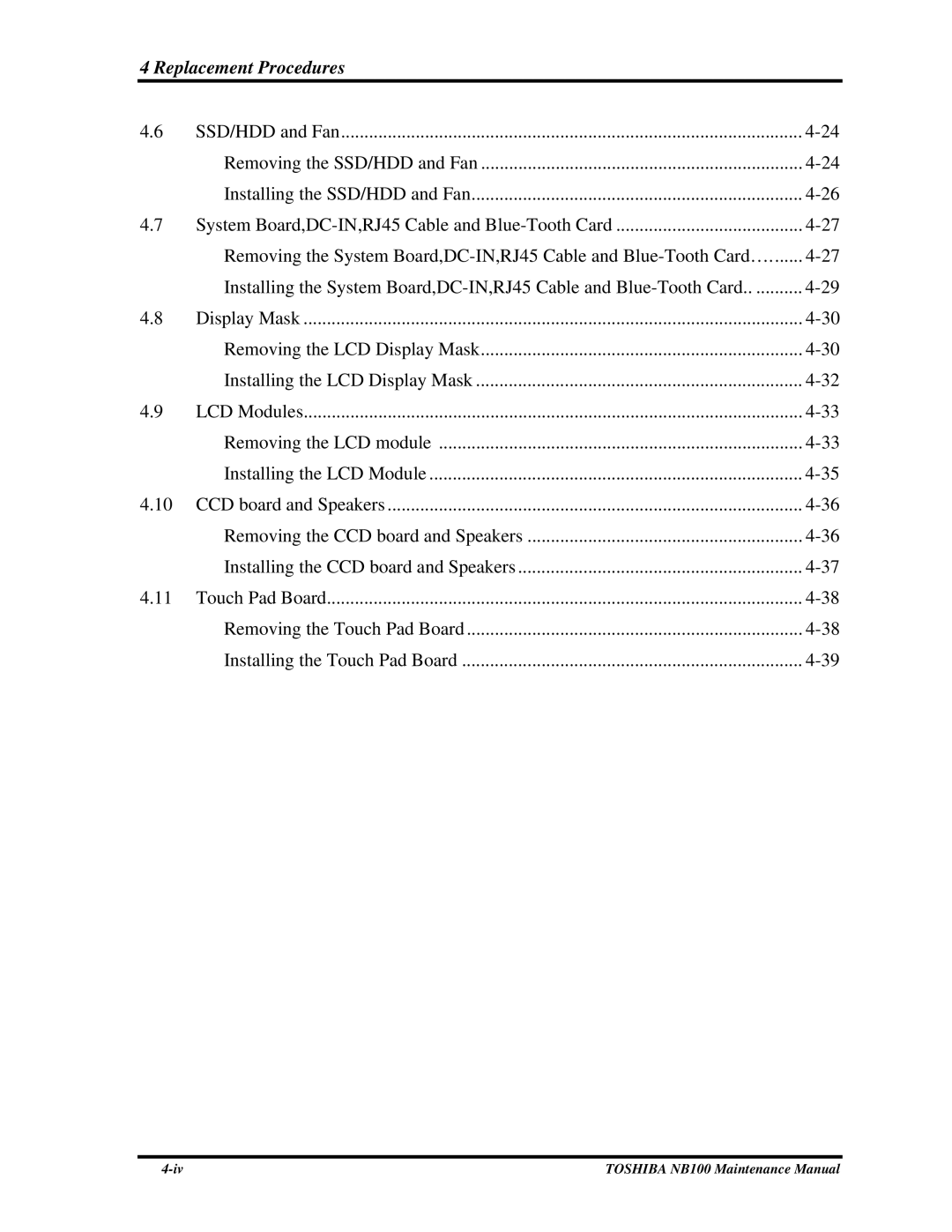 Toshiba TOSHIBA NB100 manual Replacement Procedures 